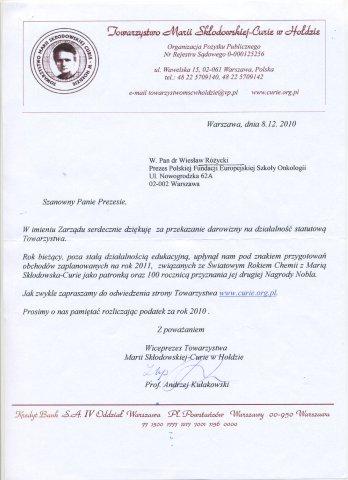 Podziekowanie z Towarzystwa Marii Sklodowskiej -Curie 2010